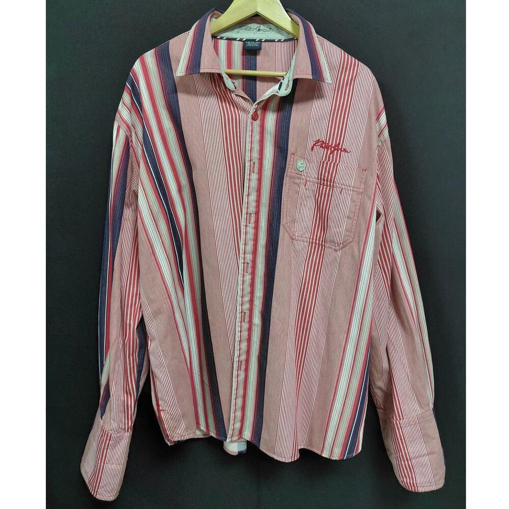 Phat Farm Embroidered Cotton Red Multicolor Striped Button-Up Men Size XXL
